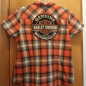 Harley Davidson Women's Large Button Down Orange Plaid Short Sleeve Shirt NWT